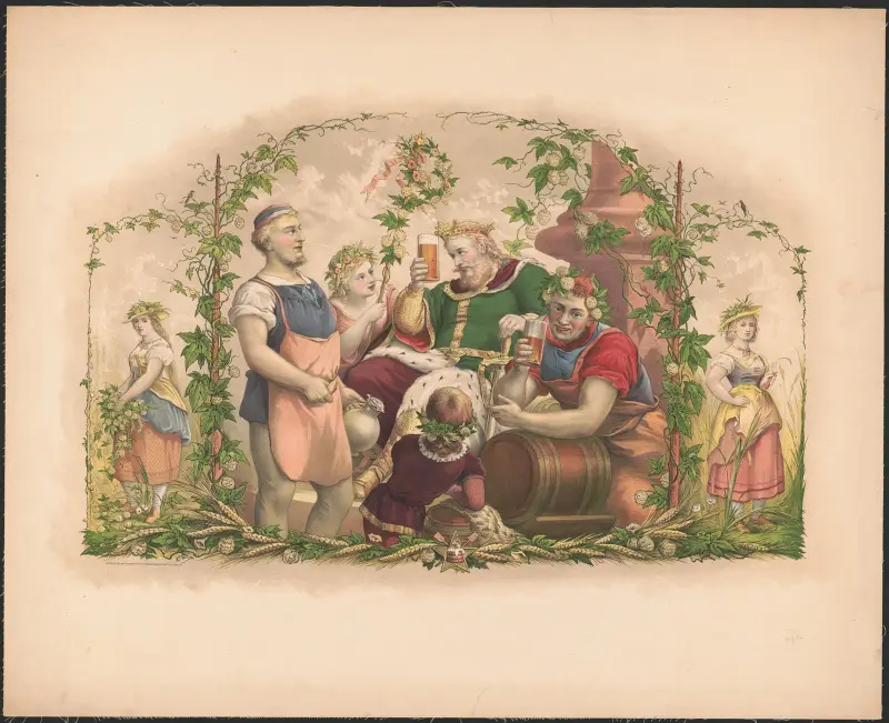 König Gambrinus thronend, umgeben von Brauern, 1878 – Nr. 1 von Wittemann Bros.