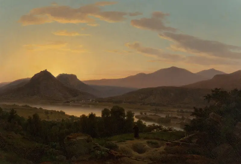 Soluppgång, vy över Drachenfels från Rolandseck av Worthington Whittredge