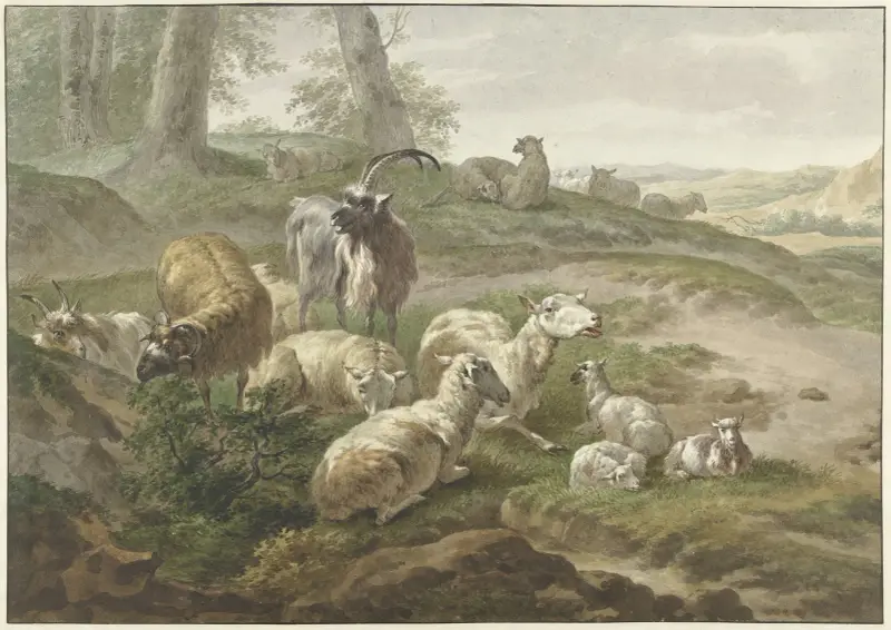 Boskap och får i ett kuperat landskap, efter Nicolaes Pietersz. Berchem av Wybrand Hendriks