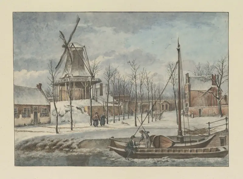 Vy över De Doelmolen, Raampoort, stadsvallen och husen vid Korte Geusestraat (nuvarande Wilsonsplein) från Raamgracht i snö av Wybrand Hendriks