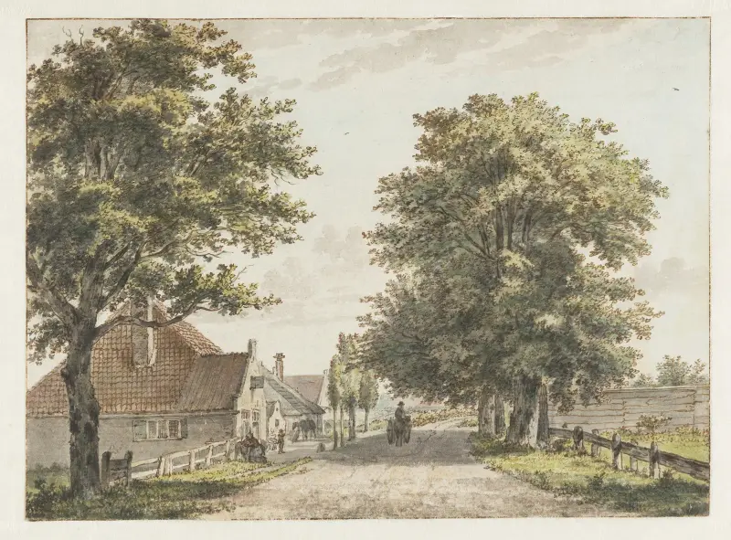 Blick auf kleine Häuser und Bauernhöfe am 't Zieken zwischen Schotersingel und Driesprong, heute Kennemerstraat von Wybrand Hendriks