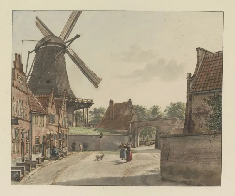 Blick von der Bereiderstraat, heute Sophiastraat, auf die Ostseite des Raampoort und die Doelmolen von Wybrand Hendriks