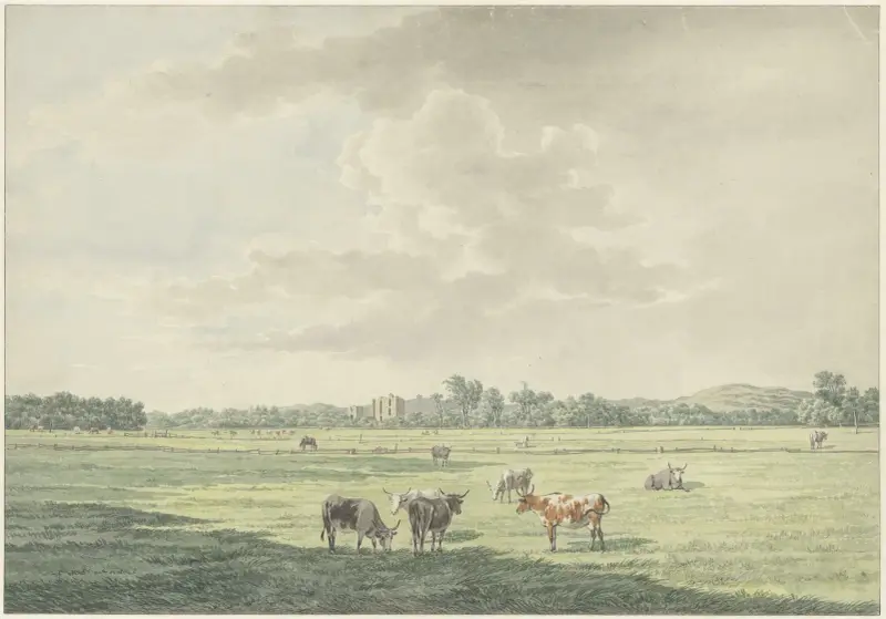 Landschaft mit Weideland und Kühen im Vordergrund und in der Ferne die Ruine von Brederode von Wybrand Hendriks