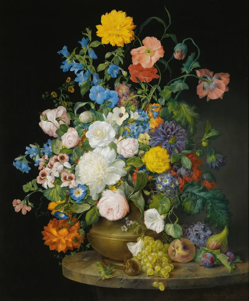 En vas med kamelior, pelargoner, dahlior, en vit pion, rosor, vallmo och andra blommor, med frukt på en stenhäll av Franz Xaver Petter