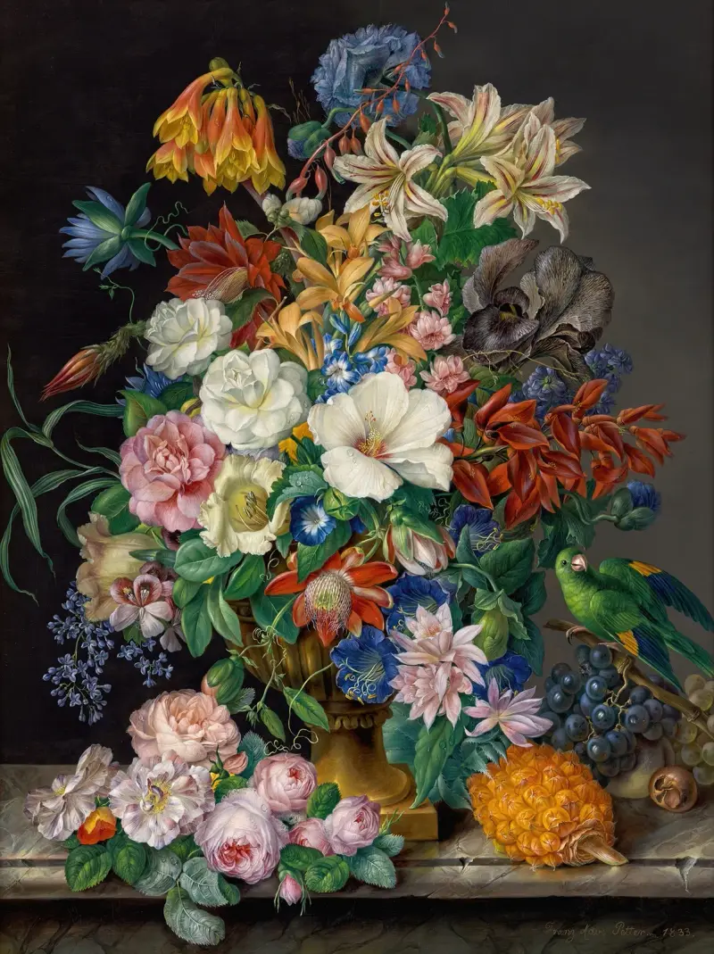 Martwa natura z ananasem, winogronami i papugą, Franz Xaver Petter