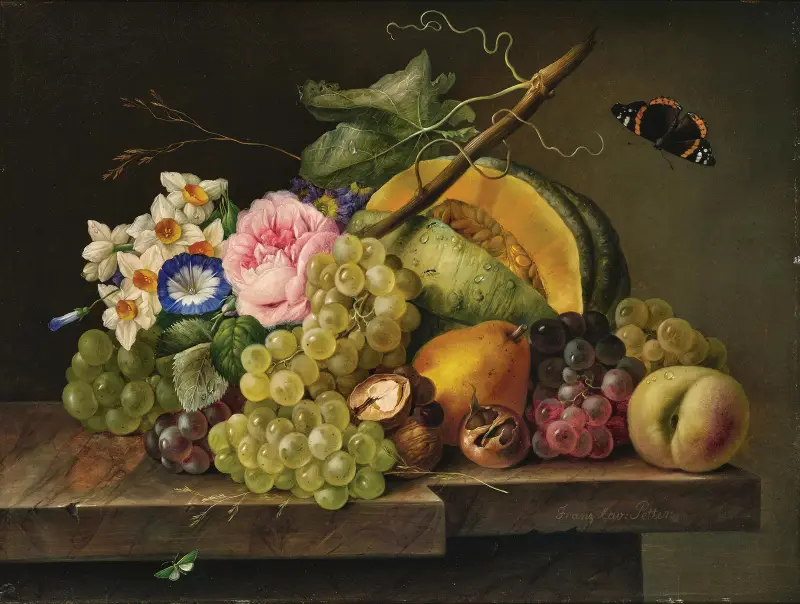 Still Life with Grapes, Pumpkin, Pear, Walnuts, Rose, Daffodils, and Butterfly av Franz Xaver Petter