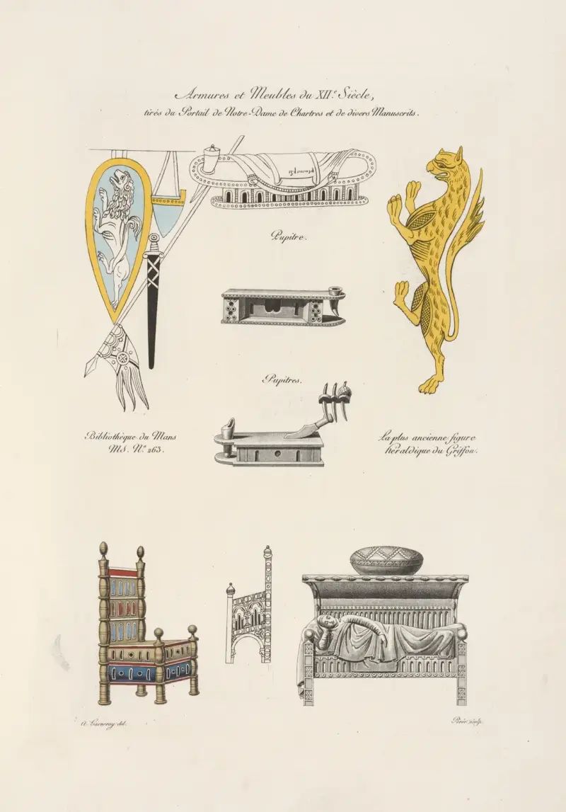 Rustningar och möbler från 1100-talet, hämtade från portalen i Notre-Dame de Chartres och olika manuskript. av Nicolas Xavier Willemin