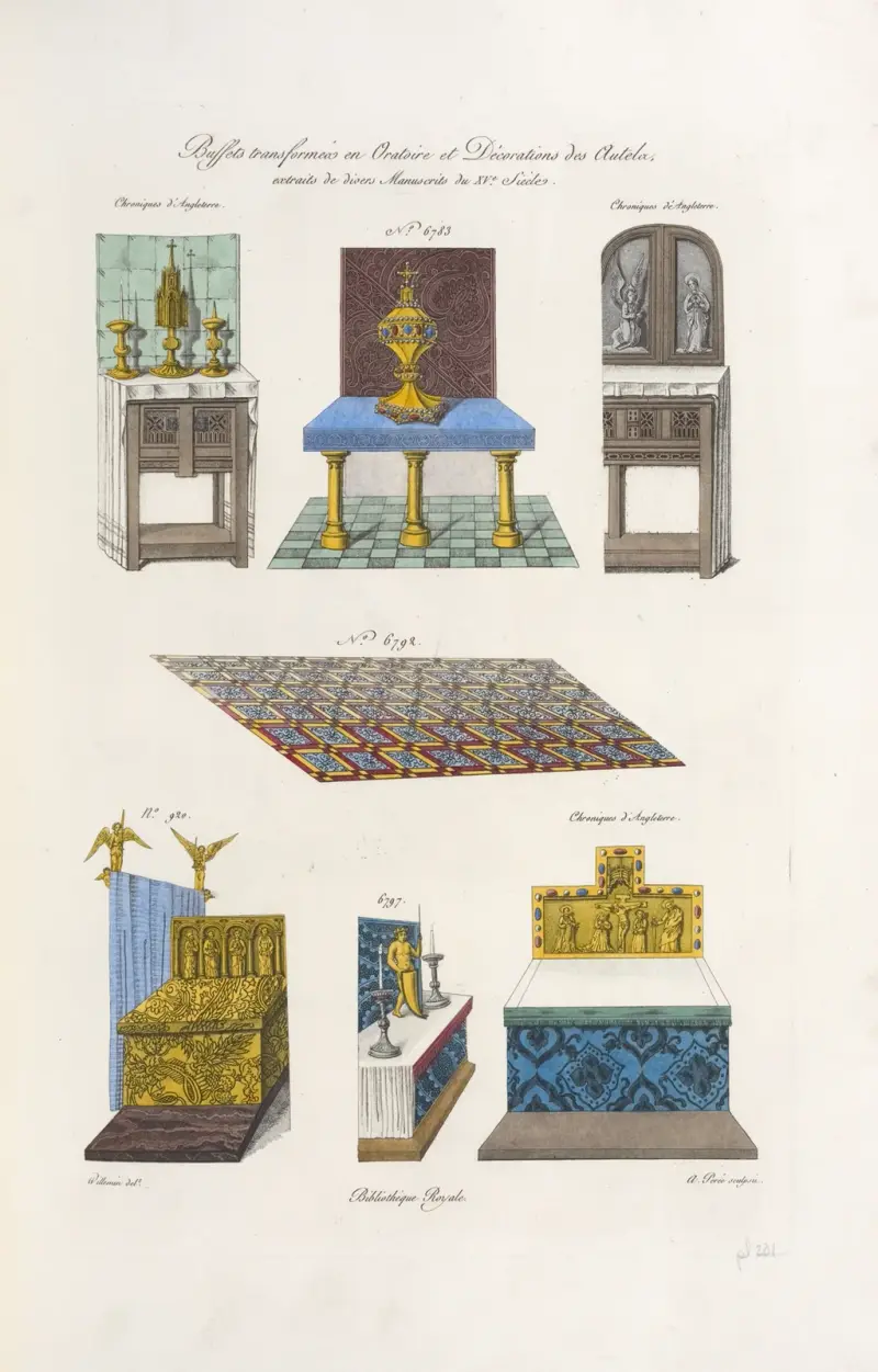Altare omvandlade till oratorium och dekorationer, från olika 1400-talshandskrifter av Nicolas Xavier Willemin