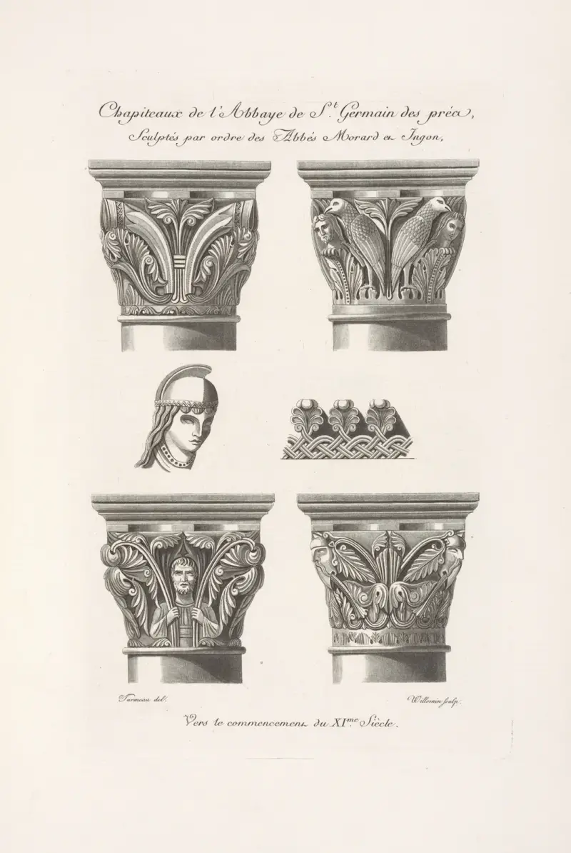 Chapiteaux de l’abbaye de St. Germain des près, sculptés par ordre des abbés Morard et Ignon, vers le commencement du XIme. siècle. av Nicolas Xavier Willemin