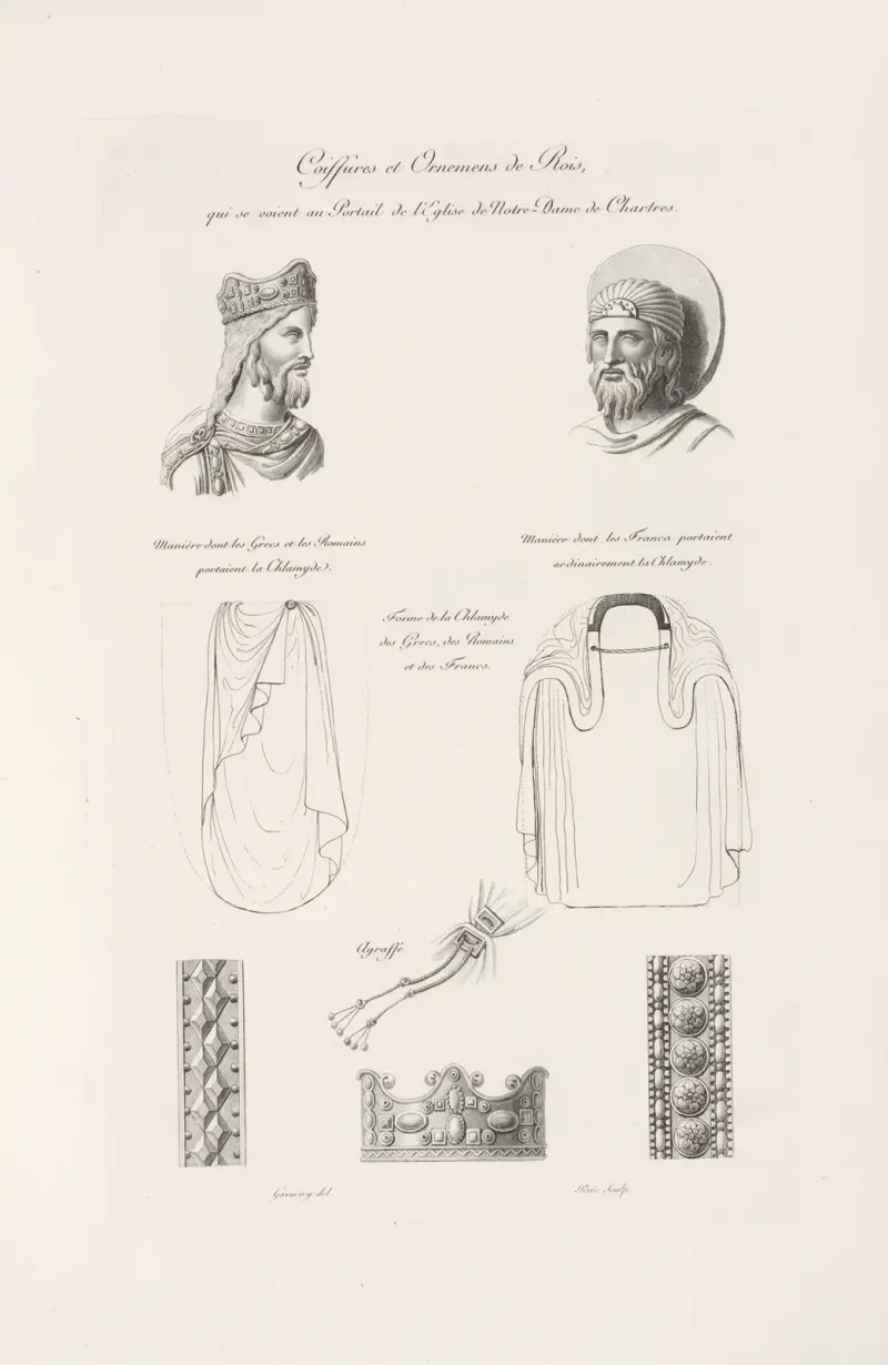 Frisyrer och kungliga utsmyckningar på portalen till kyrkan Notre-Dame i Chartres av Nicolas Xavier Willemin