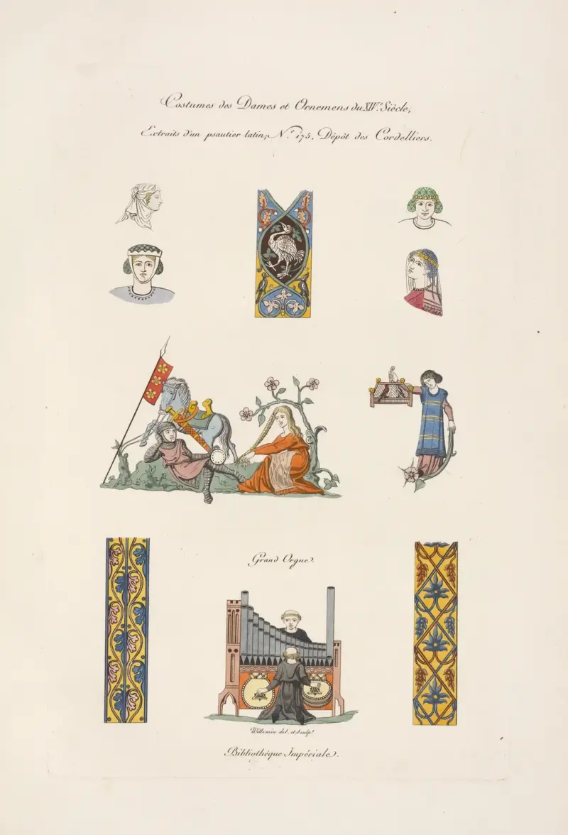 Damdräkter och ornament från 1300-talet, ur en latinsk psaltare, nr 175, Cordeliers samling av Nicolas Xavier Willemin