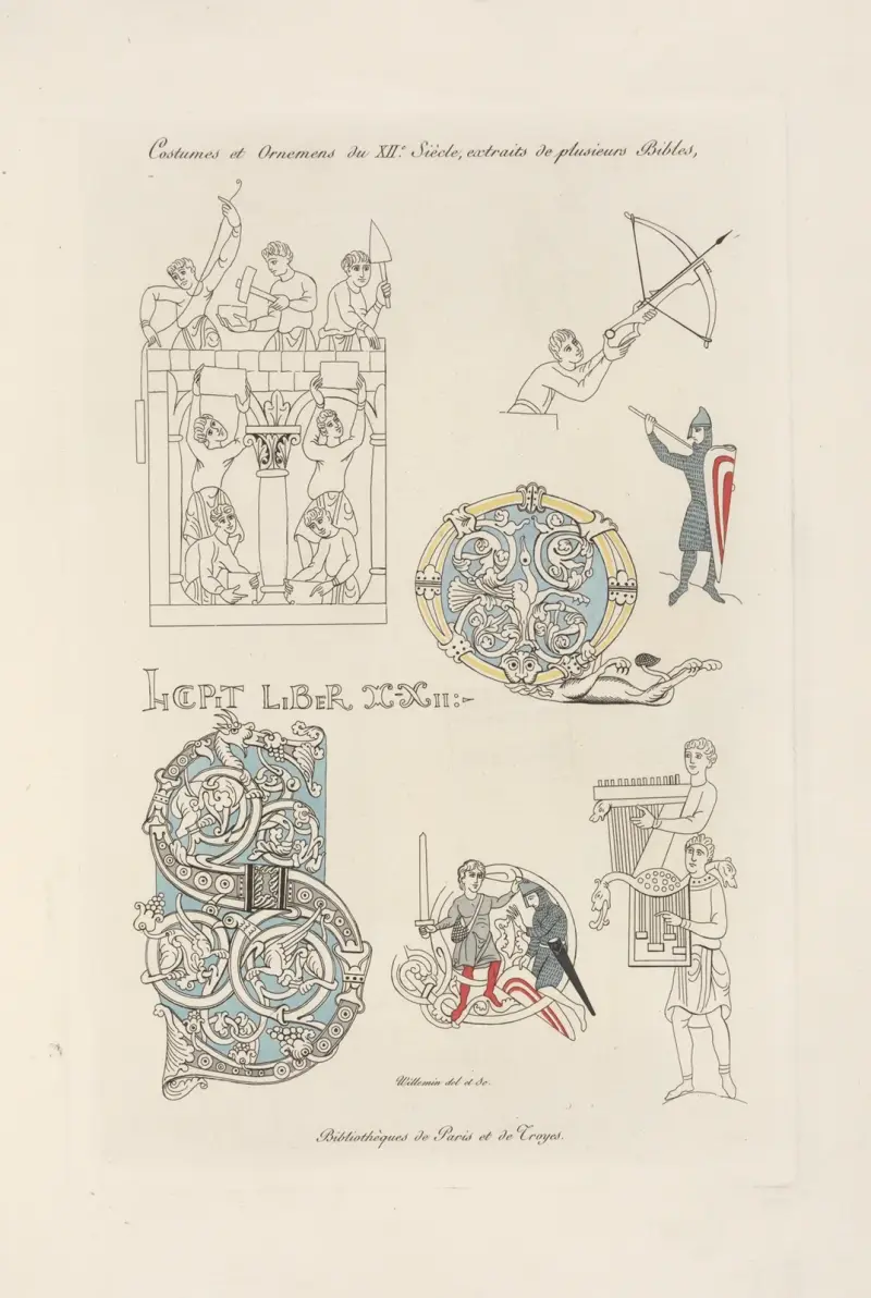 Dräkter och ornament från 1100-talet, hämtade ur flera biblar av Nicolas Xavier Willemin