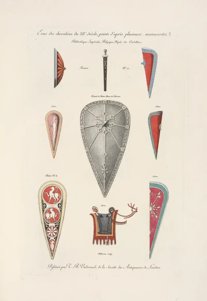 Ecus des chevaliers du XIIe. siècle, peints d’après plusieurs manuscrits. av Nicolas Xavier Willemin