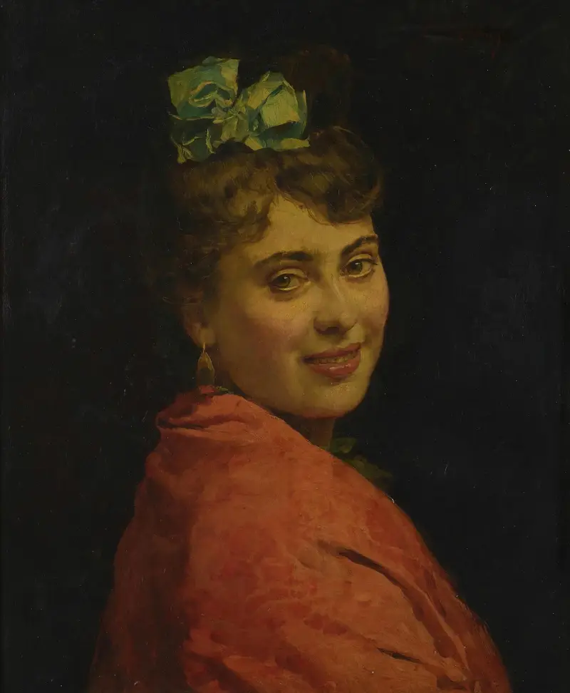 Porträtt av en dam med röd sjal av Raimundo de Madrazo y Garreta