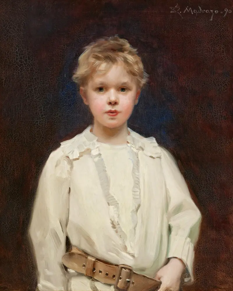 Porträtt av en pojke i vit skjorta och brunt läderbälte av Raimundo de Madrazo y Garreta