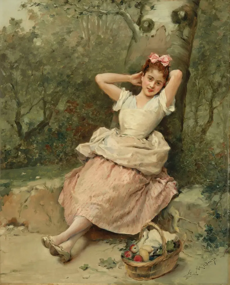 Ung flicka sittande vid foten av ett träd av Raimundo de Madrazo y Garreta