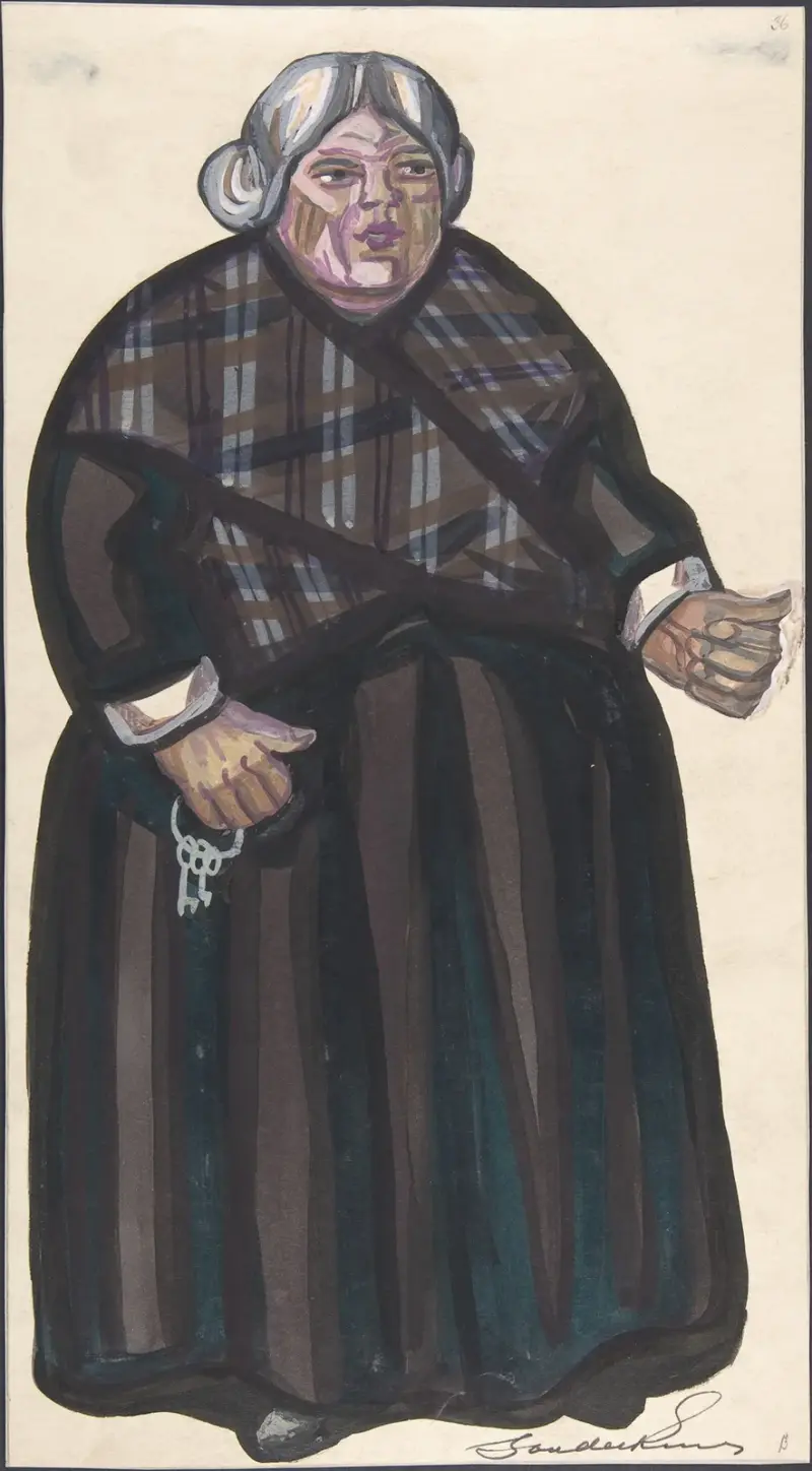 Old Woman holding keys av Sergey Yurievich Sudeikin