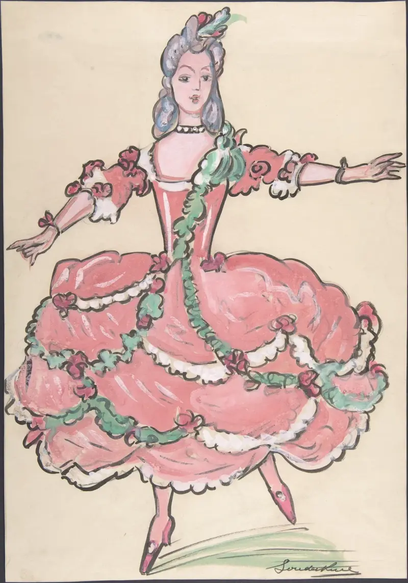 Kvinna i elegant rosa och grön klänning av Sergey Yurievich Sudeikin